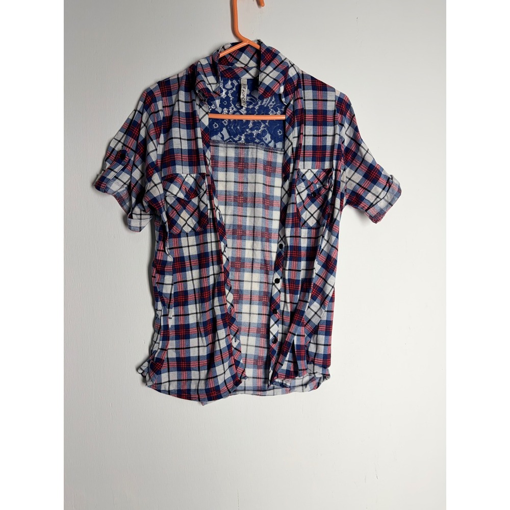RnB Womens 1X Plaid Flannel Lace Back Button‎ Up Shirt Blue Red White Boho Top